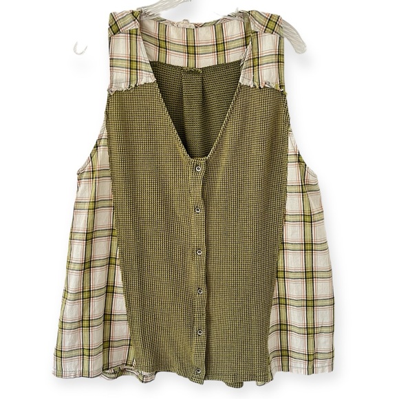 POL Tops - POL Oversized Button Down Sleeveless Top Tunic Mix Media Plaid Textured Raw Trim